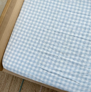 Linen Crib Fitted Sheet (Blue Gingham)